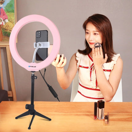 PULUZ 10.2 inch 26cm USB RGBW Dimmable LED Ring Vlogging Photography Video Lights with Tripod Ball Head & Remote Control & Phone Clamp(Pink)-garmade.com