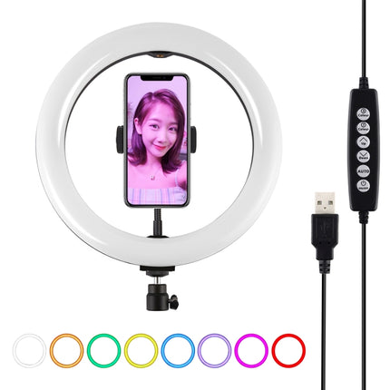 PULUZ 10.2 inch 26cm USB 10 Modes 8 Colors RGBW Dimmable LED Ring Vlogging Photography Video Lights with Tripod Ball Head & Phone Clamp(Black)-garmade.com