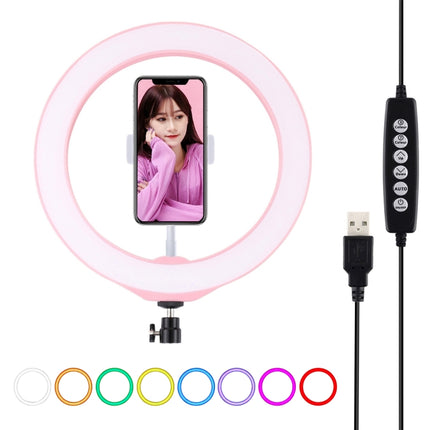 PULUZ 10.2 inch 26cm USB 10 Modes 8 Colors RGBW Dimmable LED Ring Vlogging Photography Video Lights with Cold Shoe Tripod Ball Head & Phone Clamp(Pink)-garmade.com