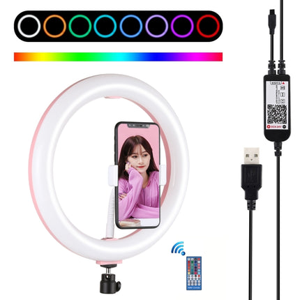 PULUZ 10.2 inch 26cm Curved Surface USB RGBW Dimmable LED Ring Vlogging Photography Video Lights with Tripod Ball Head & Remote Control & Phone Clamp(Pink)-garmade.com