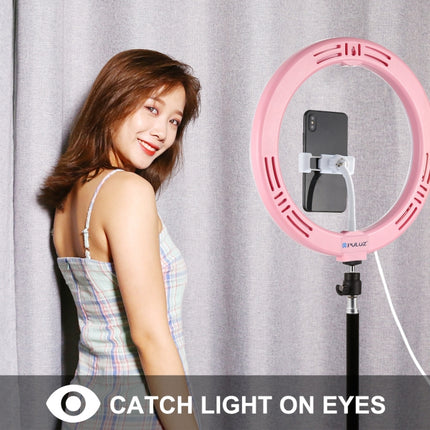 PULUZ 10.2 inch 26cm USB 3 Modes Dimmable Dual Color Temperature LED Curved Diffuse Light Ring Vlogging Selfie Photography Video Lights with Phone Clamp(Pink)-garmade.com