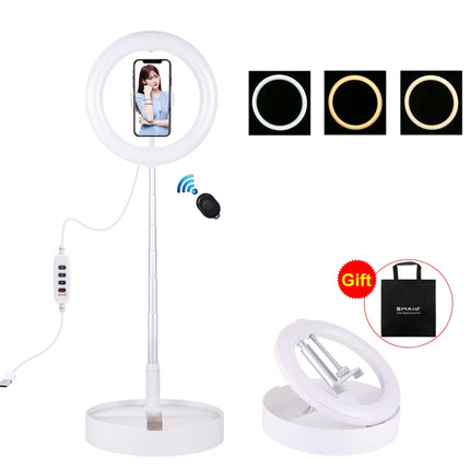 PULUZ 10.2 inch 26cm USB 3 Modes Dimmable Dual Color Temperature LED Curved Ring Vlogging Selfie Photography Video Lights with Bluetooth Remote Shutter & Folding Desktop Holder & Phone Clamp(White)-garmade.com