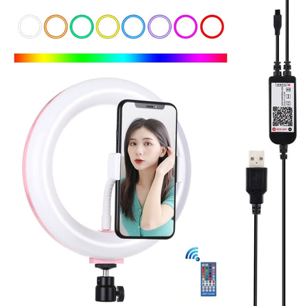 PULUZ 7.9 inch 20cm USB RGB Dimmable LED Dual Color Temperature LED Curved Light Ring Vlogging Selfie Photography Video Lights with Phone Clamp(Pink)-garmade.com