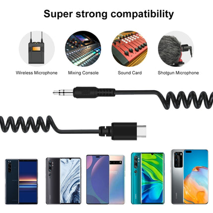 PULUZ 3.5mm TRRS Male to Type-C / USB-C Male Live Microphone Audio Adapter Spring Coiled Cable for DJI OSMO Pocket / DJI Pocket 2, Samsung, Huawei and Smartphones, Cable Stretching to 100cm(Black)-garmade.com