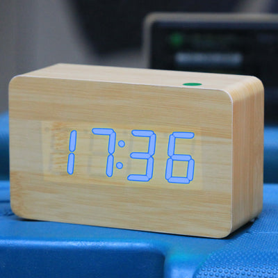 Blue Number USB / Battery Wooden Clock with Voice Control (Alternately display time, month & date and temperature)(Blue)-garmade.com
