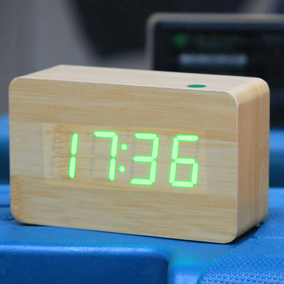Green Number USB / Battery Wooden Clock with Voice Control (Alternately display time, month & date and temperature)(Green)-garmade.com