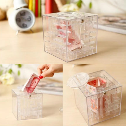 3D Puzzle Transparent Money Maze Bank Saving Coin Gift Box(White)-garmade.com