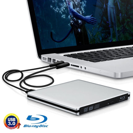 USB 3.0 Aluminum Alloy Portable DVD / CD Rewritable Blu-ray Drive for 12.7mm SATA ODD / HDD, Plug and Play(Silver)-garmade.com