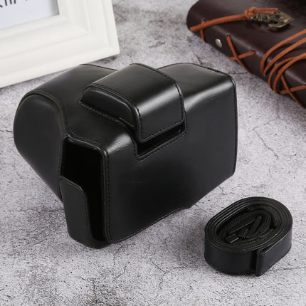 Oil Skin PU Leather Camera Full Body Case Bag with Strap for Olympus EM10 III(Black)-garmade.com