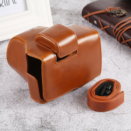 Oil Skin PU Leather Camera Full Body Case Bag with Strap for Olympus EM10 III(Brown)-garmade.com