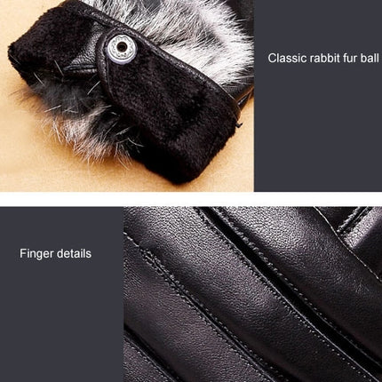 Fashionable Rabbit Fur Ball Sheepskin Leather Gloves for Women (XL)(Black)-garmade.com