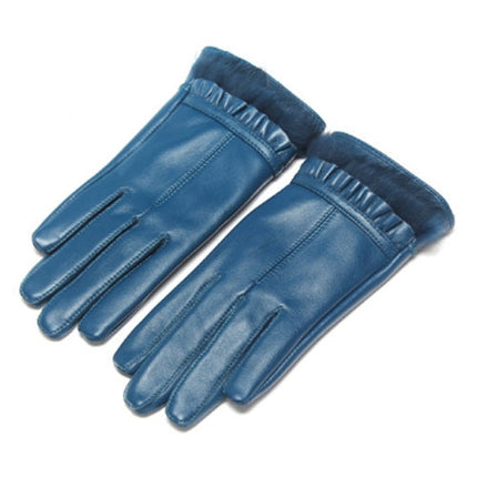 Fashionable Rabbit Fur Sheepskin Leather Gloves for Women (L)(Blue)-garmade.com