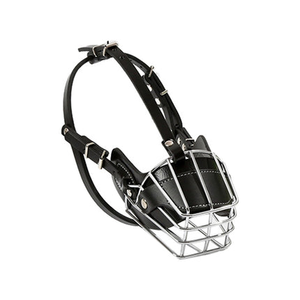 Steel Cage Style Dog Basket Wire Muzzle Protective Snout Cover with Leather Strap, Size: M(Black)-garmade.com