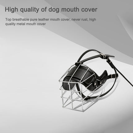 Steel Cage Style Dog Basket Wire Muzzle Protective Snout Cover with Leather Strap, Size: M(Black)-garmade.com