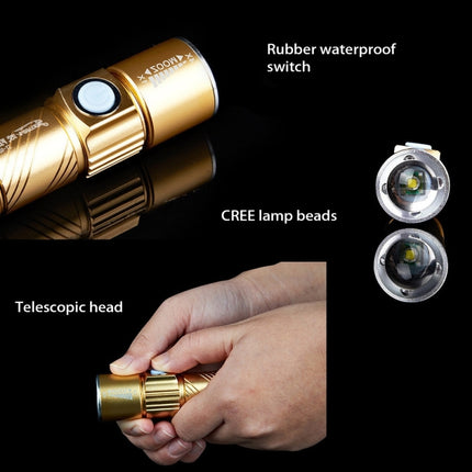 White Light Retractable Flashlight, Cree Q5 LED 3-Mode with Lanyard(Gold)-garmade.com