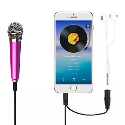 3.5mm Male + 3.5mm Female Ports Mini Household Mobile Phone Sing Song Metal Condenser Microphone, Compatible with IOS / Android System(Magenta)-garmade.com