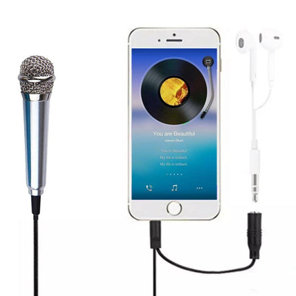3.5mm Male + 3.5mm Female Ports Mini Household Mobile Phone Sing Song Metal Condenser Microphone, Compatible with IOS / Android System(Silver)-garmade.com
