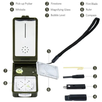 10 in 1 (Thermometer, Hygrometer, LED light, Reflector, Spirit level, Compass, Whistle, Flint, Magnifier, Ruler) Multi-Function Portable Compass-garmade.com