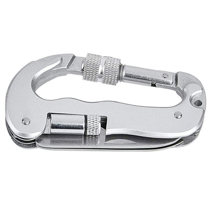 Heavy Duty D Shape Carabiner Clip-On Clamp Key Chain Hook with Dual Knife & LED Torch(Silver)-garmade.com