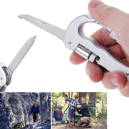 Heavy Duty D Shape Carabiner Clip-On Clamp Key Chain Hook with Dual Knife & LED Torch(Silver)-garmade.com
