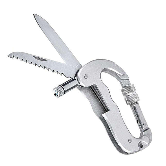 Heavy Duty D Shape Carabiner Clip-On Clamp Key Chain Hook with Dual Knife & LED Torch(Silver)-garmade.com