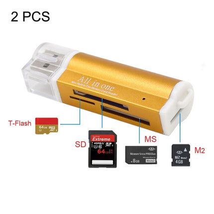 2 PCS Multi All in 1 USB 2.0 Micro SD SDHC TF M2 MMC MS PRO DUO Memory Card Reader(Gold)-garmade.com