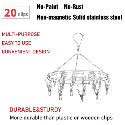Round Stainless Steel Clothes Clip Hanger with 20 Clips-garmade.com