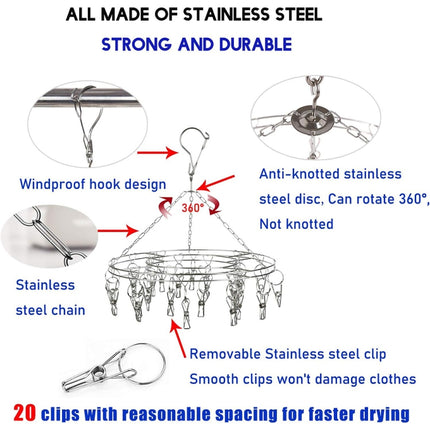 Round Stainless Steel Clothes Clip Hanger with 20 Clips-garmade.com