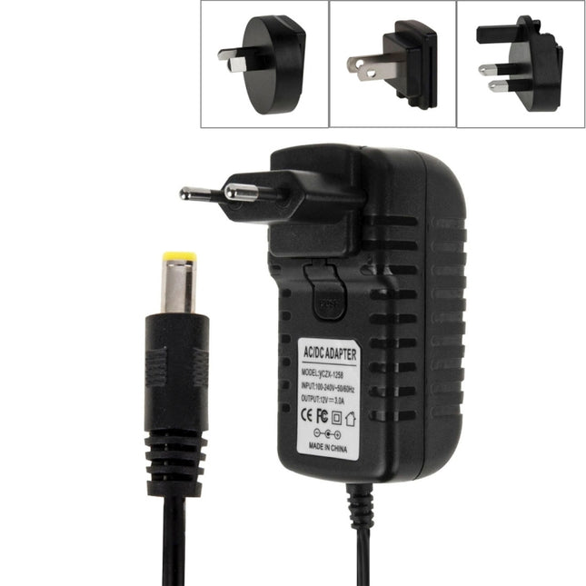 4 in 1 EU Plug + US Plug + UK Plug + AU Plug AC 100-240V to DC 12V 3A Power Adapter, Tips: 5.5 x 2.1mm, Cable Length: about 1.2m(Black)-garmade.com