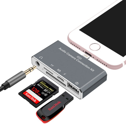 D-198 5 in 1 8 Pin to USB HUB +USB-C / Type-C + 3.5mm Earphone + SD + TF Card Reader for MacBook, PC, Laptop, Smart Phones-garmade.com