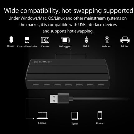 Orico H7928-U2-V1 Desktop 7 Ports USB 2.0 HUB with Power Adapter(Black)-garmade.com