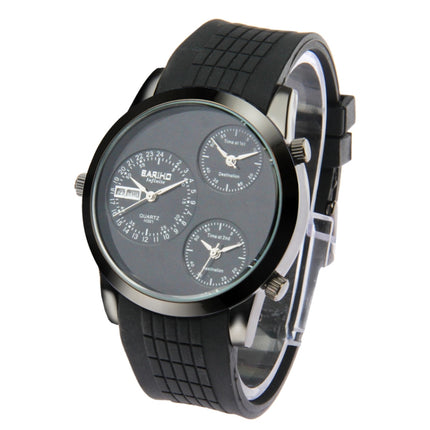 Fashion 3 Dial Quartz Wrist Calendar Watch with Silicone Strap (Black)-garmade.com