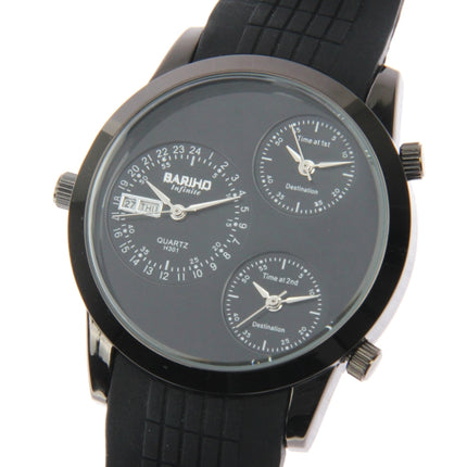 Fashion 3 Dial Quartz Wrist Calendar Watch with Silicone Strap (Black)-garmade.com