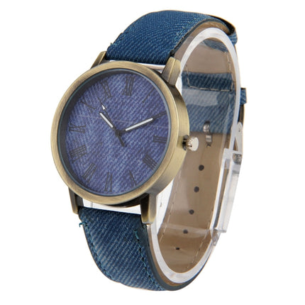 Denim Texture Style Round Dial Retro Digital Display Women & Men Quartz Watch with PU Leather Band(Blue)-garmade.com