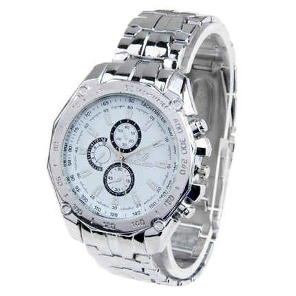 Round Dial 3 Decoration Dials Men Quartz Watch with Metal Band(White)-garmade.com