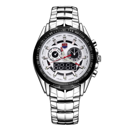 TVG Round Dial Glass Watch Window Luminous & Alarm & Week Display Function Quartz + Digital Double Movement Men Watch with Alloy Band(White)-garmade.com