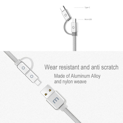 Meizu 1m 2 in 1 Noodle Weave Style Metal Head 5V 2.0A USB-C / Type-C + Micro USB to USB 2.0 Data Sync Charging Cable(Silver)-garmade.com