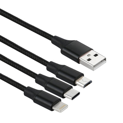 2A 1.2m 3 in 1 USB to 8 Pin & USB-C / Type-C & Micro USB Nylon Weave Charging Cable(Black)-garmade.com