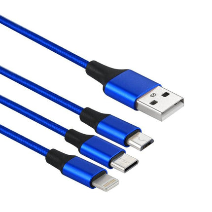 2A 1.2m 3 in 1 USB to 8 Pin & USB-C / Type-C & Micro USB Nylon Weave Charging Cable(Blue)-garmade.com