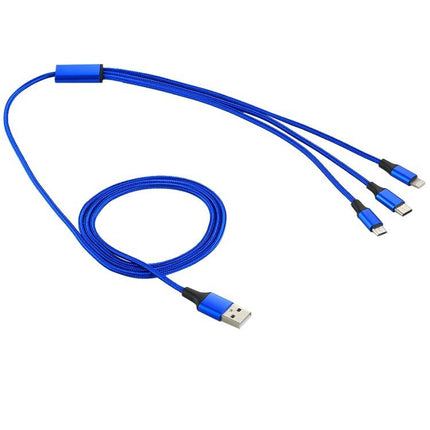 2A 1.2m 3 in 1 USB to 8 Pin & USB-C / Type-C & Micro USB Nylon Weave Charging Cable(Blue)-garmade.com