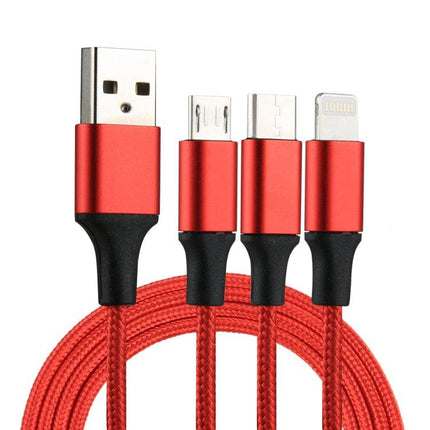 2A 1.2m 3 in 1 USB to 8 Pin & USB-C / Type-C & Micro USB Nylon Weave Charging Cable(Red)-garmade.com