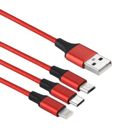 2A 1.2m 3 in 1 USB to 8 Pin & USB-C / Type-C & Micro USB Nylon Weave Charging Cable(Red)-garmade.com