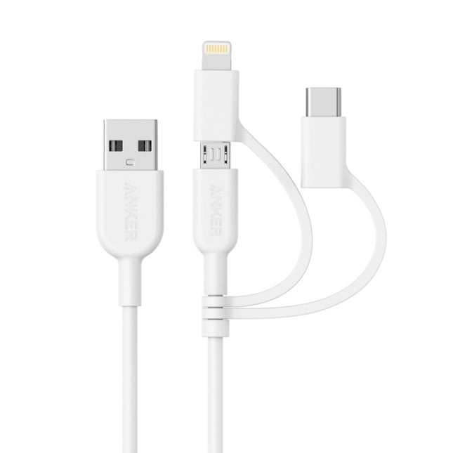 ANKER 3 in 1 8 Pin + Micro USB + USB-C / Type-C Interface MFI Certificated Data Cable(White)-garmade.com