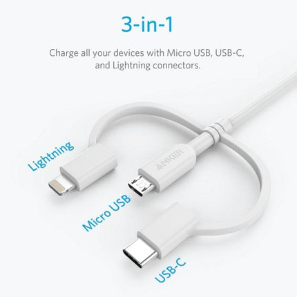 ANKER 3 in 1 8 Pin + Micro USB + USB-C / Type-C Interface MFI Certificated Data Cable(White)-garmade.com
