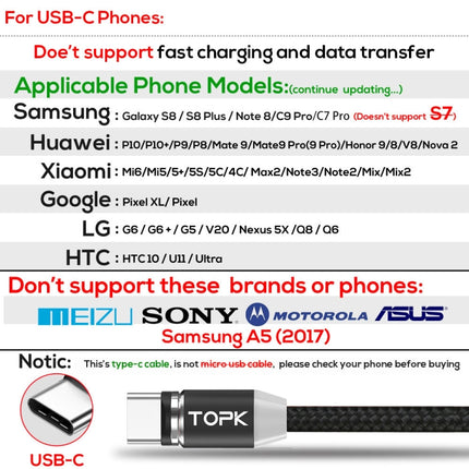 TOPK AM23 1m 2.4A Max USB to USB-C / Type-C Nylon Braided Magnetic Charging Cable with LED Indicator(Black)-garmade.com