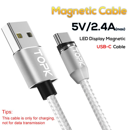 TOPK AM23 1m 2.4A Max USB to USB-C / Type-C Nylon Braided Magnetic Charging Cable with LED Indicator(Silver)-garmade.com