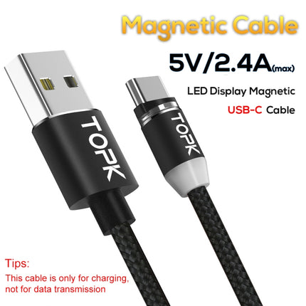 TOPK AM23 2m 2.4A Max USB to USB-C / Type-C Nylon Braided Magnetic Charging Cable with LED Indicator(Black)-garmade.com