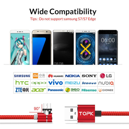 TOPK AM30 2m 2.4A Max USB to Micro USB 90 Degree Elbow Magnetic Charging Cable with LED Indicator(Red)-garmade.com