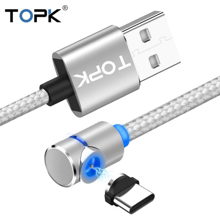 TOPK AM30 1m 2.4A Max USB to USB-C / Type-C 90 Degree Elbow Magnetic Charging Cable with LED Indicator(Silver)-garmade.com