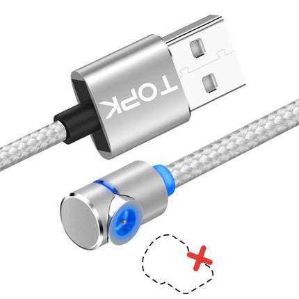 TOPK AM30 1m 2.4A Max USB to 90 Degree Elbow Magnetic Charging Cable with LED Indicator, No Plug(Silver)-garmade.com